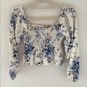 Altar'd State Cream and Blue Sellie floral Smocked Peplum crop blouse size S